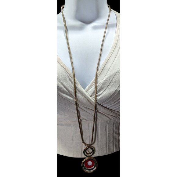 Charming Charlie Retro Geometric Red And Gold Tone Pendant Necklace - Picture 6 of 7